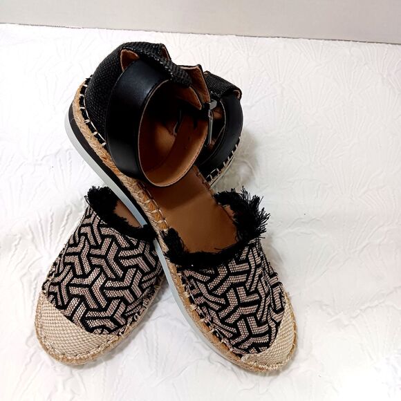 Crown Vintage Bonire 2 Women’s Sz 8.5 Black/Tan Sandal Ankle Strap Fringe Burlap - Picture 9 of 9